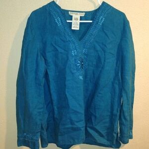 Joseph Chaus 100% Linen Teal Beaded and Embroidered Tunic Top Lagenlook L